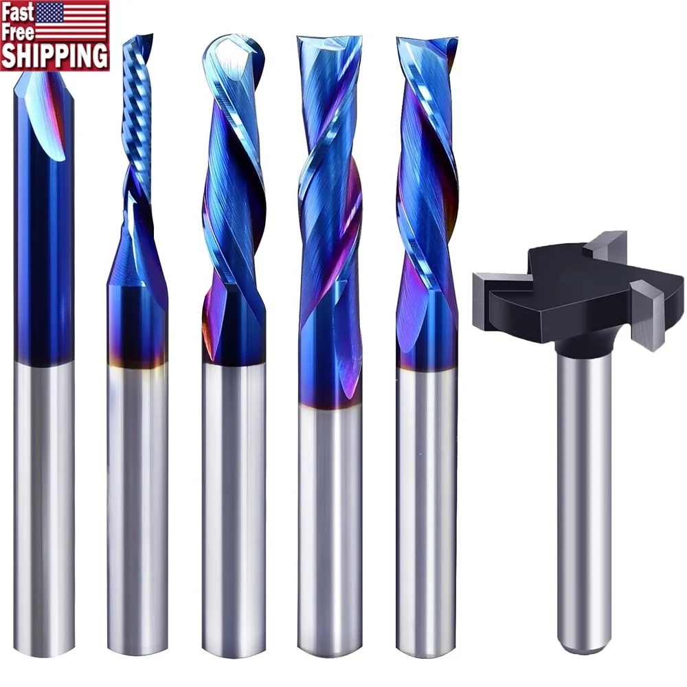 

6Pcs CNC Router Bits Set 1/4 Shank Solid Carbide Woodworking Detail Carving Trimming V Groove Engraving Slotting Mortising