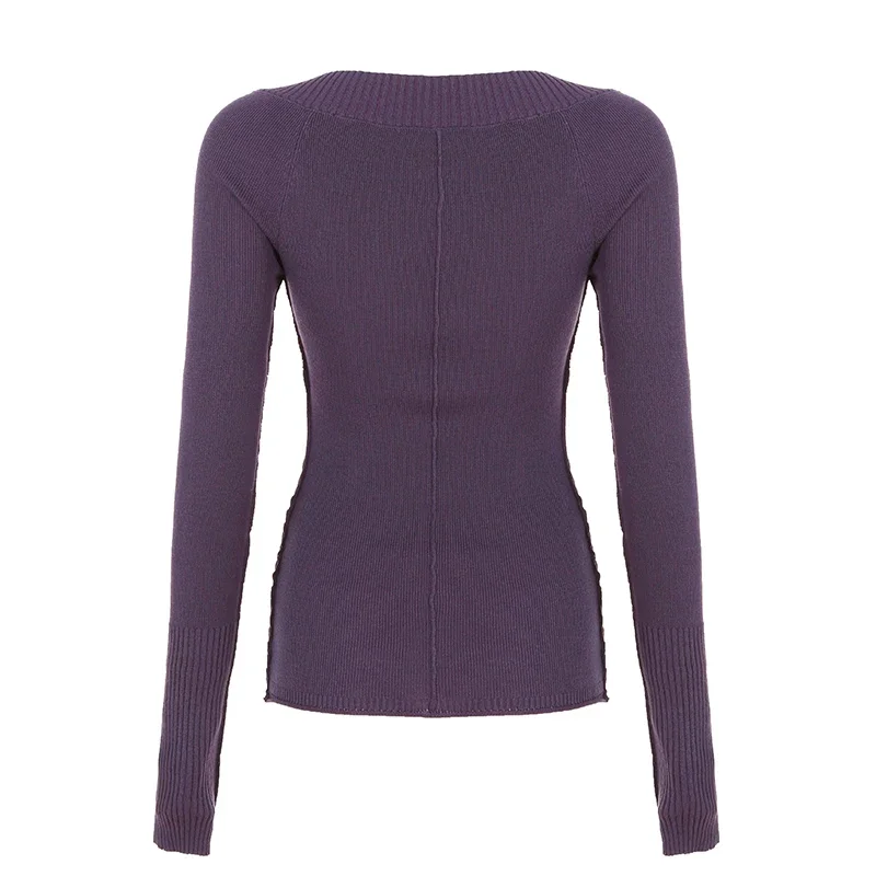 Suéter básico jersey púrpura Color sólido ajustado con cuello en V Top de punto Otoño Invierno prendas de punto Retro ropa de calle informal