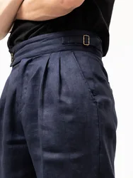 Spring And Summer New Navy Blue linen loose Shorts Men's High Waist Naples Five-point Pants Double Pleated Breathable Pants 4XL