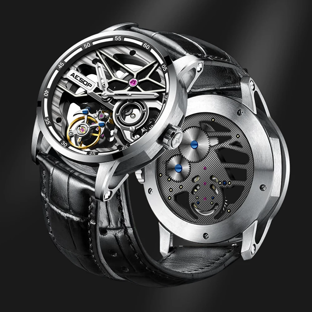 AESOP Flywheel Tourbillon Men Watch Skeleton Manual Double-Sided Hollow Mechanical WristWatch Sapphire Luminous Waterproof Clock