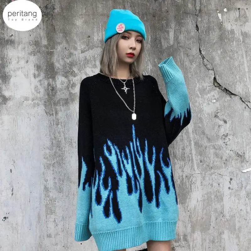 2024 New Sweater Female Hip-hop Style Flame Jacquard Women's Sweater Traf Couple Pullover Knit Top Loose Men's Sweater