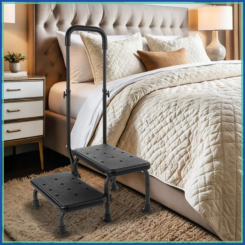 

2 Step Stool with Handle for Elderly, Adjustable Handrail & Non-Slip Platform, Holds 450 lbs