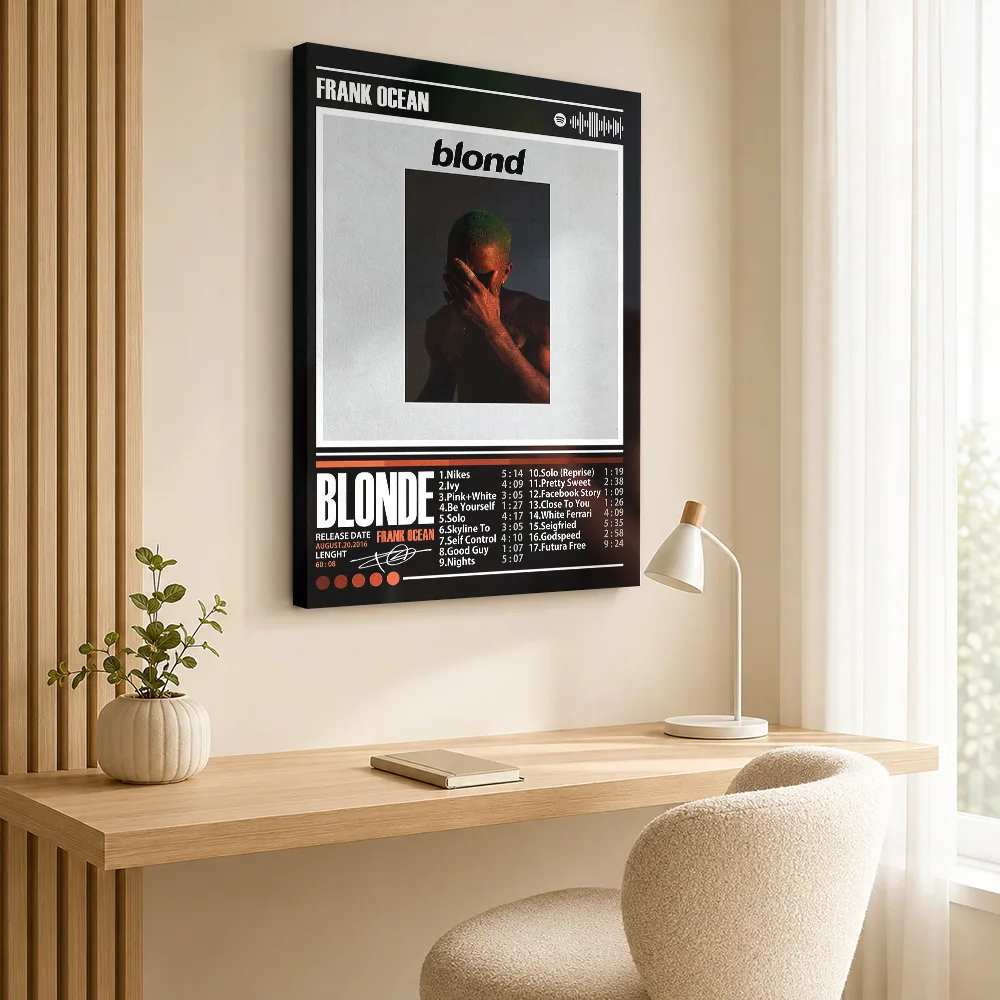 Frank Ocean - Blonde Album Cover Framed Canvas Poster Custom Photo Retro Music Wall Art for Studio Bedroom Decor Ready to Hang