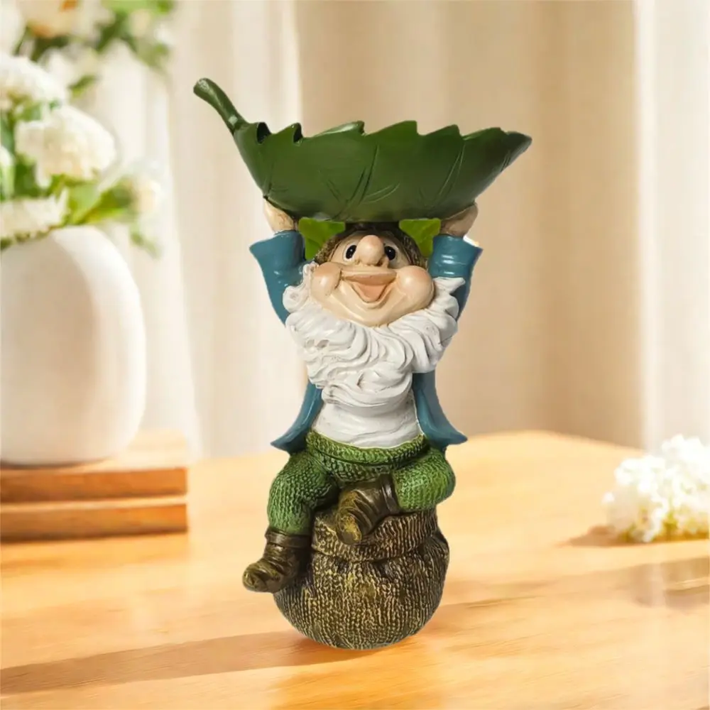 Unique Cartoon Dwarf Sculpture Resin Fun Garden Gnome Statue Holding Leaves Bird Feeder Horticulture