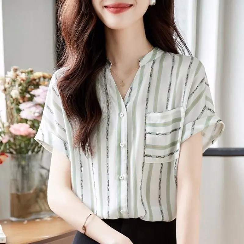 Office Lady Striped Pockets Patchwork Shirt Summer Short Sleeve Elegant V-Neck Single-breasted Female Clothing Chiffon Blouse