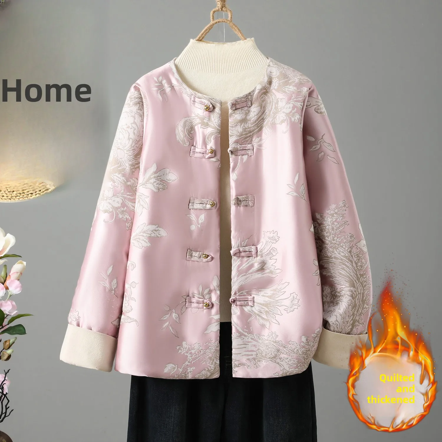 

Handmade Cotton Jacket Floral Embroidery Satin Surface Peacock Flower Design Winter Fashionable Ladies' Coat Warm Cotton Padded