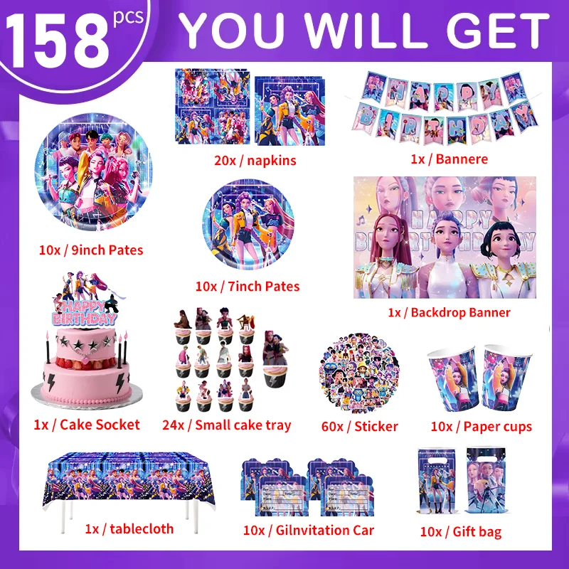 Nouveau Anime Kpop démon Hunter ensemble d'anniversaire fournitures de fête Kpop thème vaisselle ballons gâteau décor toile de fond joyeux bannière pour les filles