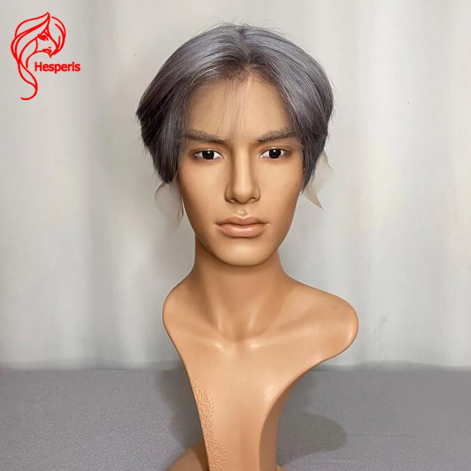 Hesperis Men Wig Human Hair Brazilian Remy Pixie Cut Short Lace Front Human Hair Wig For Male Grey Hair Color Fashion Boy Styled