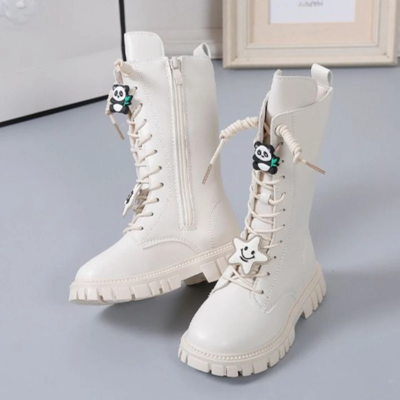 2025 New Girls Autumn Winter Furry Leather Boots Fashion Long Boots with Cotton Lining Warmth for Kids