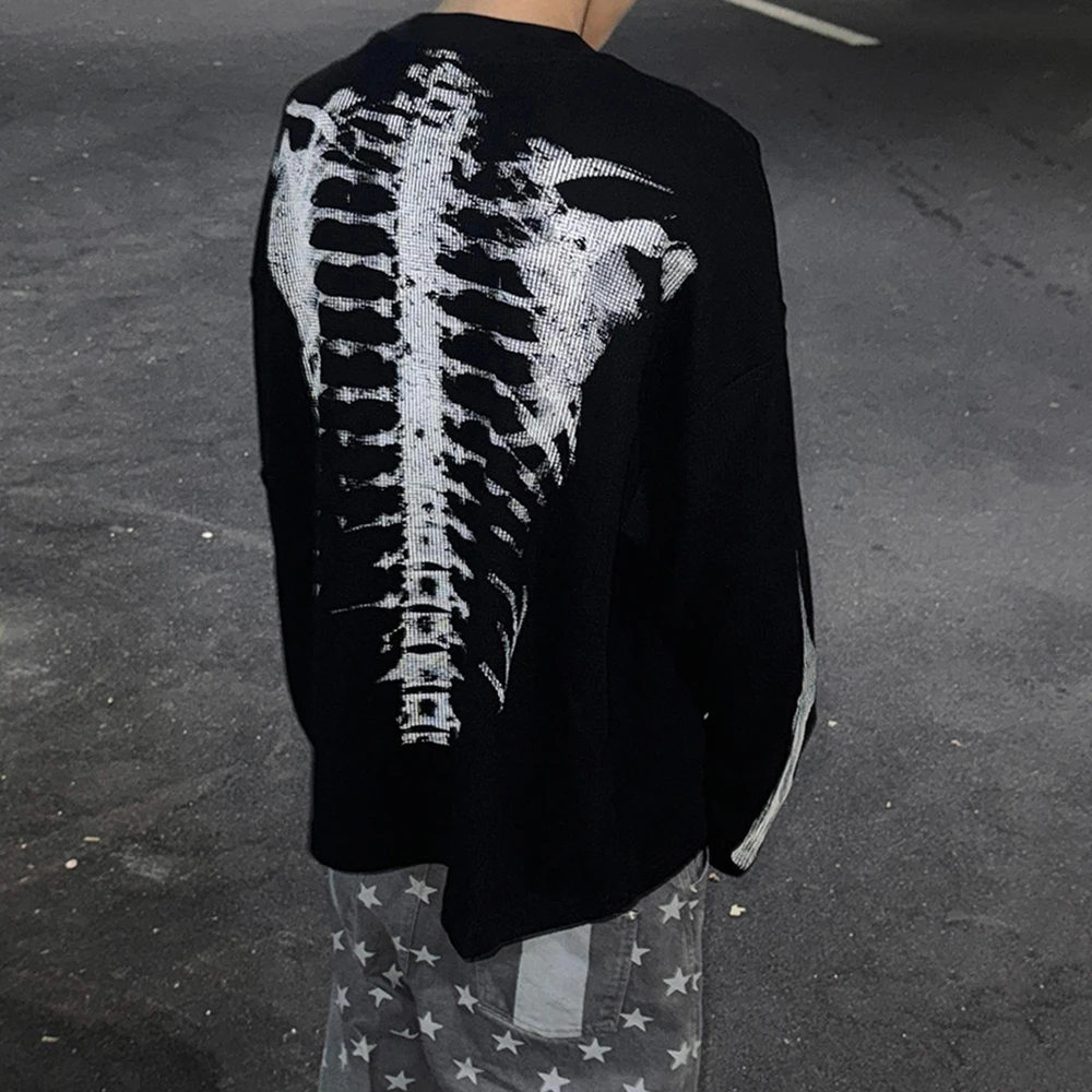 Autumn and Winter New Style Skull Print Waffle Y2K vintage gothic Long-Sleeved Loose T-Shirt