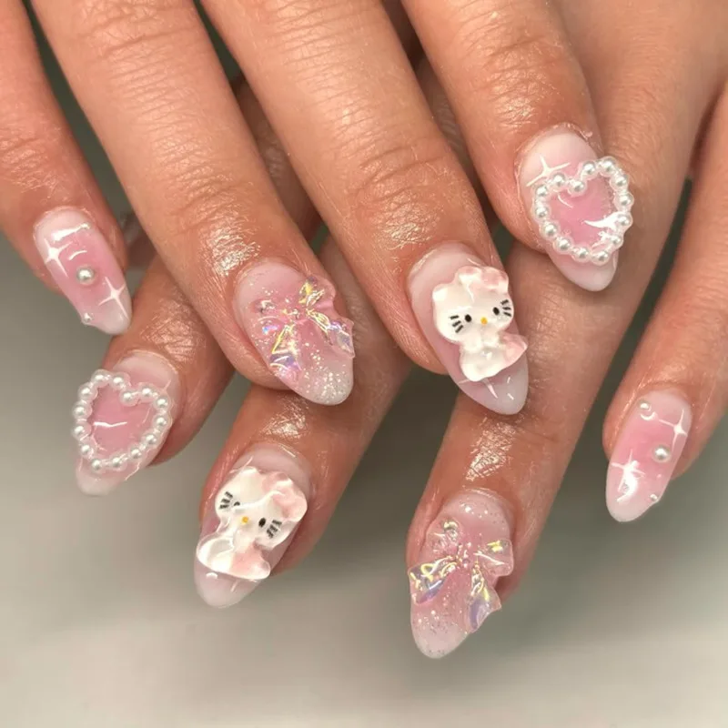 

24pcs Short Almond Nail Press on Pink Blush Hello Kitty Rhinestone 3D Bowknot White Pearl Heart Design Acrylic False Nails Tips