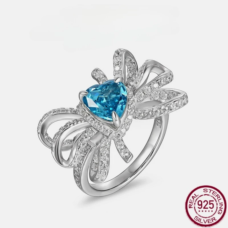 

New S925 Pure Silver High Carbon Diamond Ring Sweet Bow Heart shaped Finger Ring Light Luxury High End Wedding Jewelry