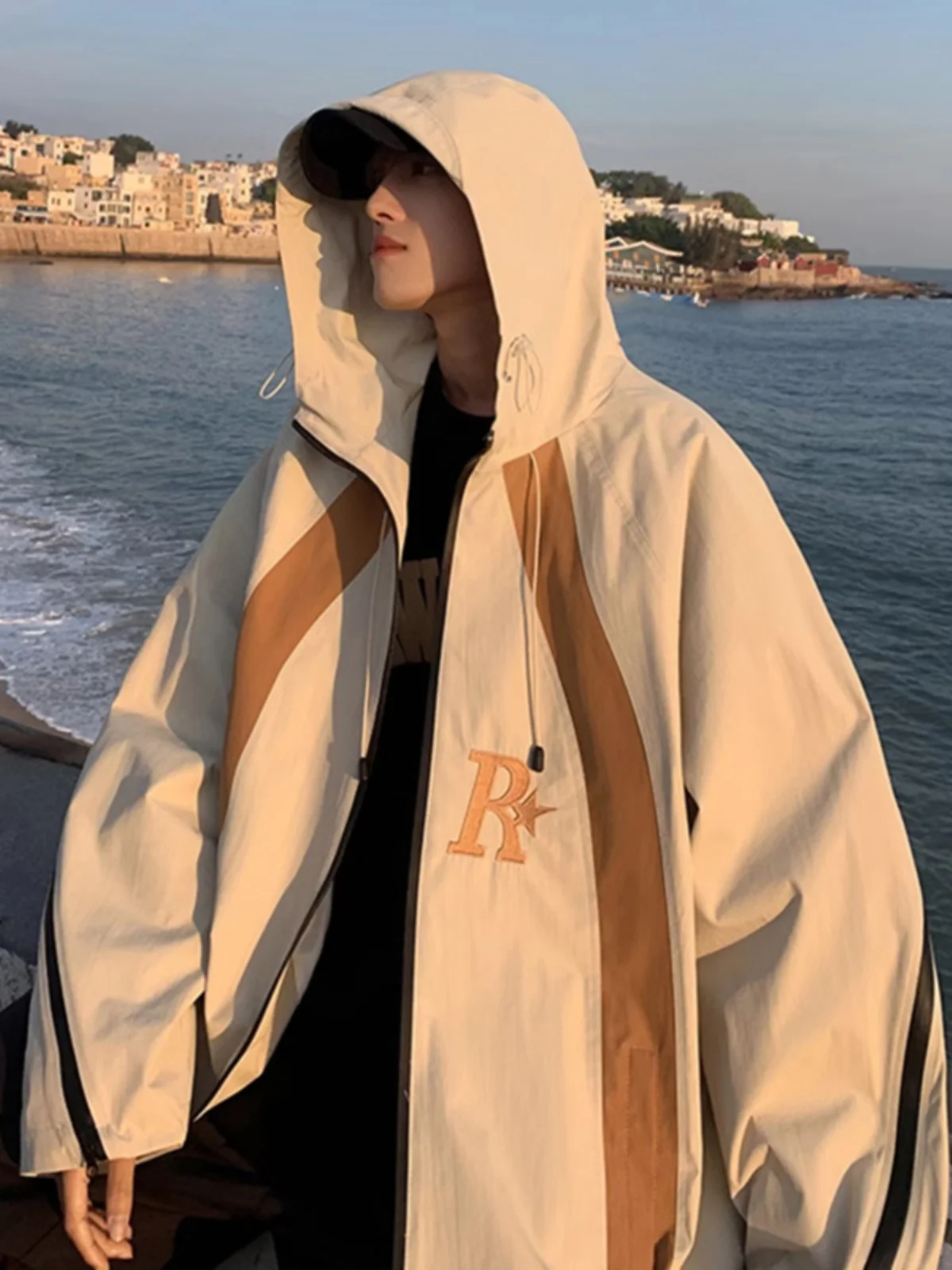 

Men's Outdoor Climbing Jaet Hooded Splicing Color Blo Hip Hop Sle Anti Wrinkle Long Sve Casual Loose Fit Coat