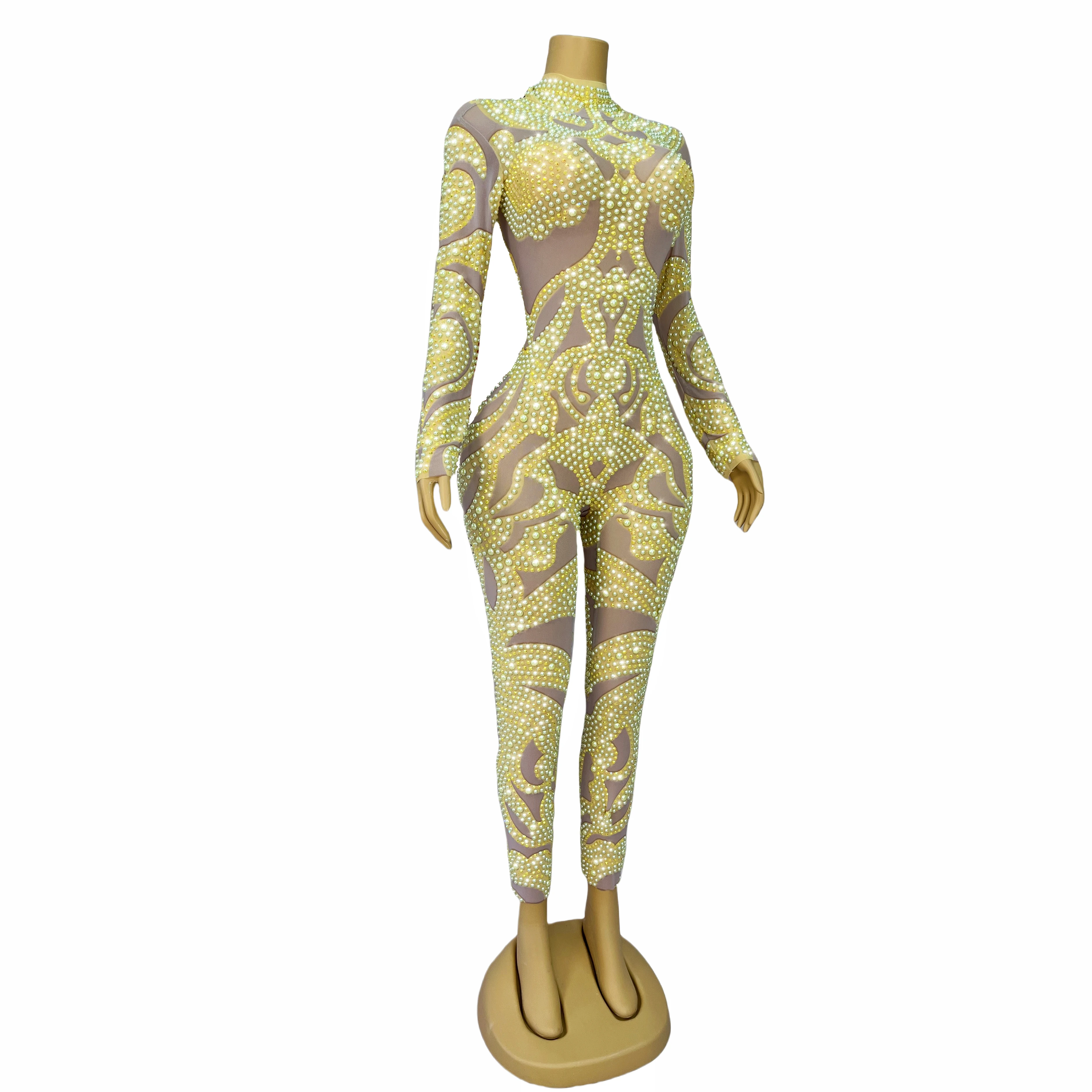 Neon Yellow Rhinestones Pearls Luxury Celebrate Sexy Jumpsuit Long Sleeves Stretch Bodysuit Birthday Costume baizhu