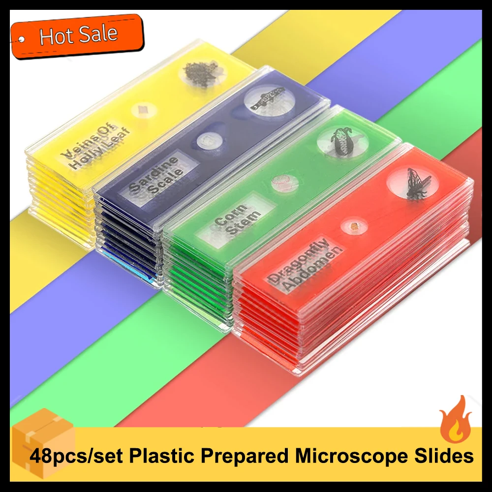 48pcs/set Plastic Prepared Microscope Slides Animals Insects Plants Sample Specimens Slides Set for Kids Students