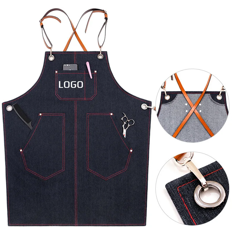 Denim apron cafe milk tea shop barber painting restaurant men's and women's work clothes children's custom logo