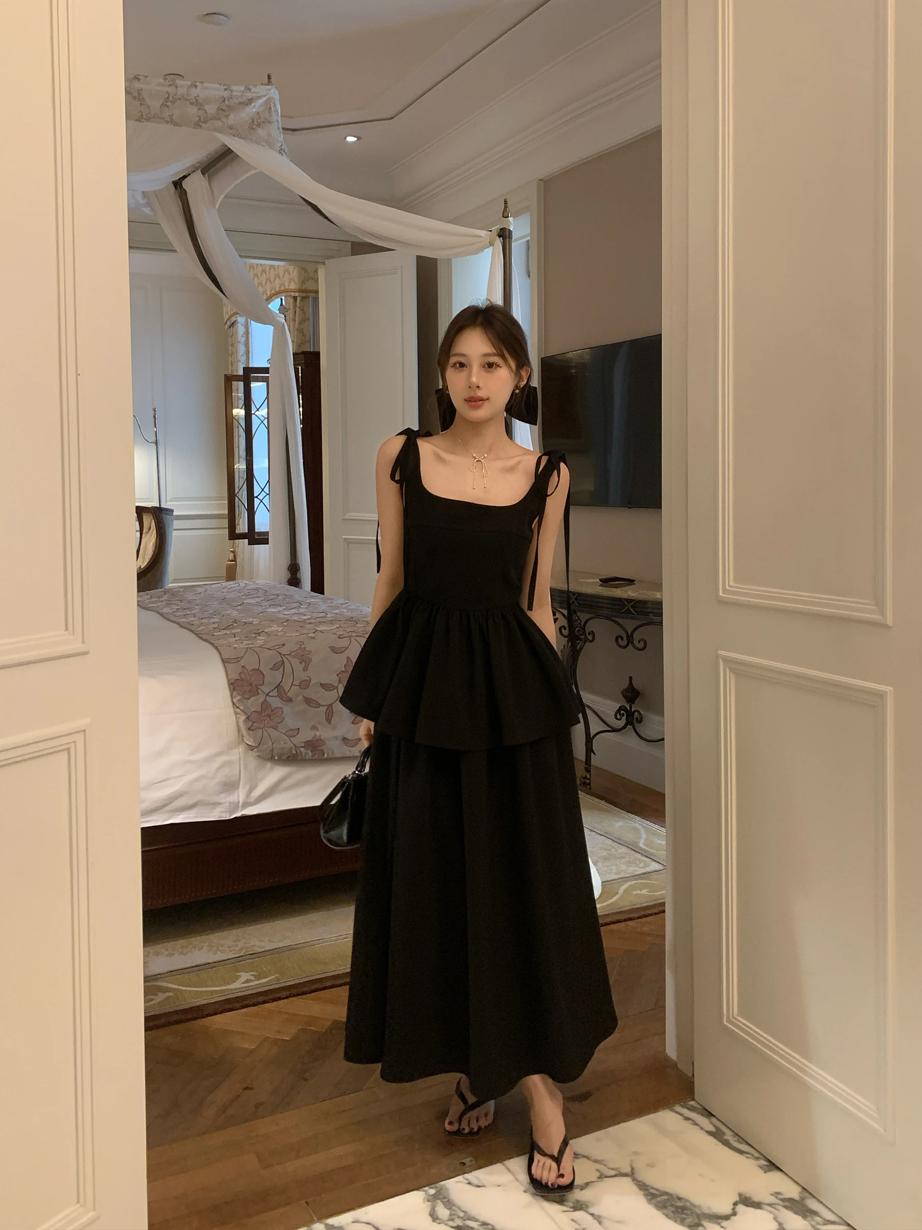 

Summer Hepburn Sle Knot Flower Bud Strap Top Women's Outdoor Wear Svel Long Dr Set Cotton Blend Fabric