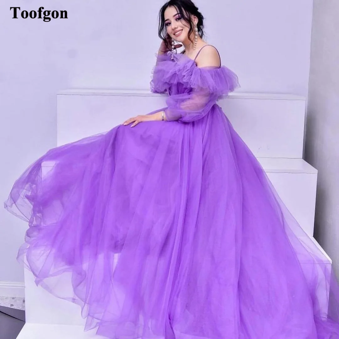 

Toofgon A Line Tulle Purple Prom Dresses Long Sleeves Off The Shoulder Korea Women Formal Evening Gowns Birthday Party Dress