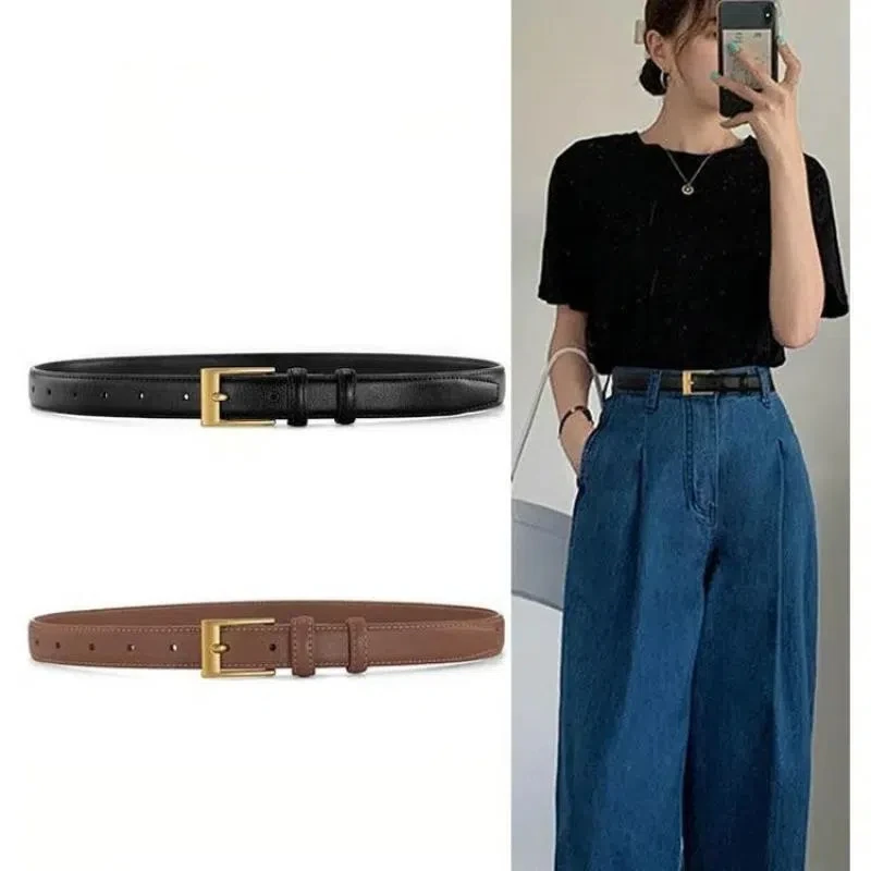 Leather Goods Women's Belt Alloy Metal Pin Buckle Leather Matching Jeans Suit Black Brown Thin Waist Belt