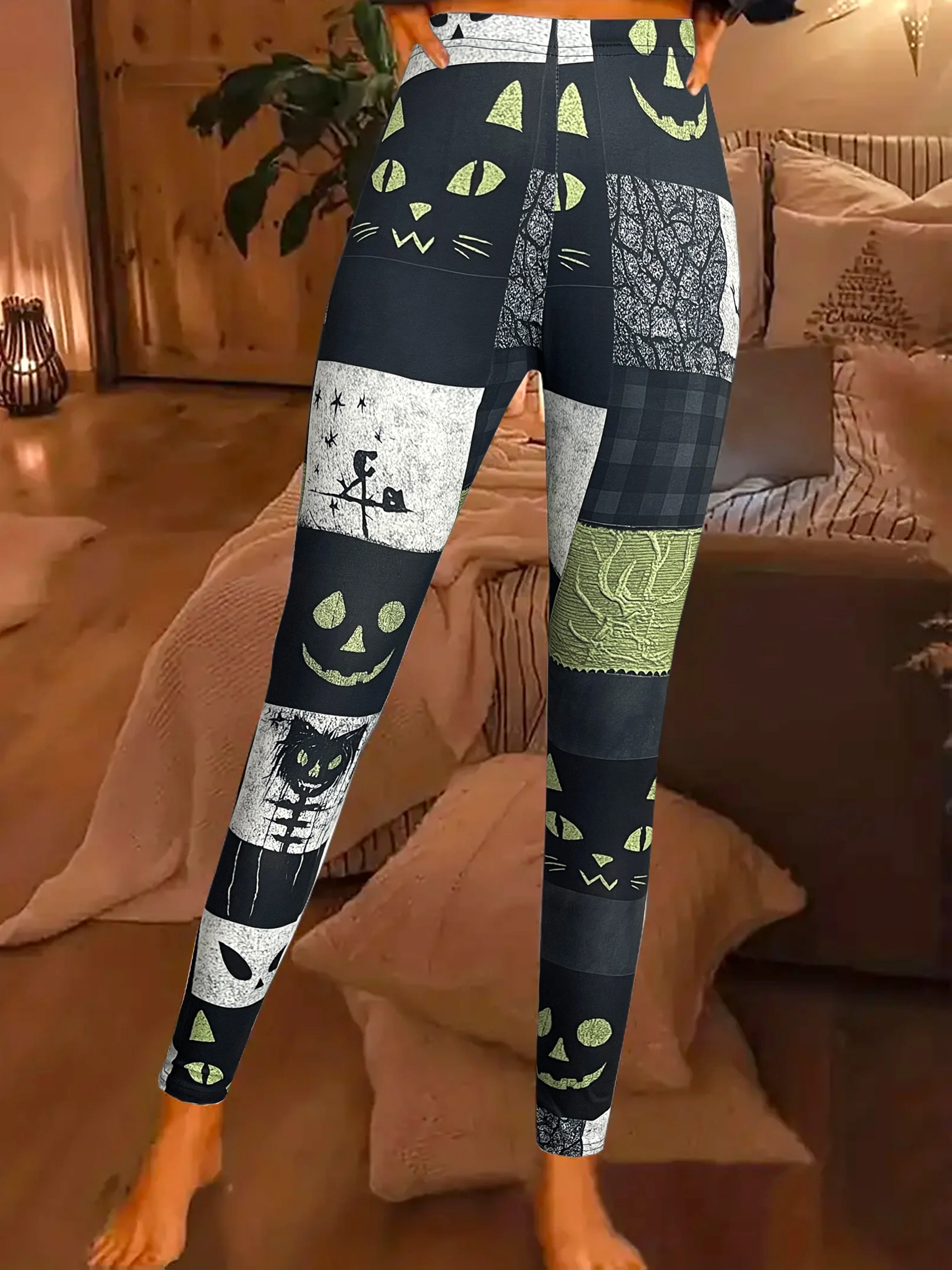 Women's Mid‑Rise Fleece Lined Leggings Halloween Pumpkin Cat Patchwork Print Stretch Warm Ladies Casual Pants view 2