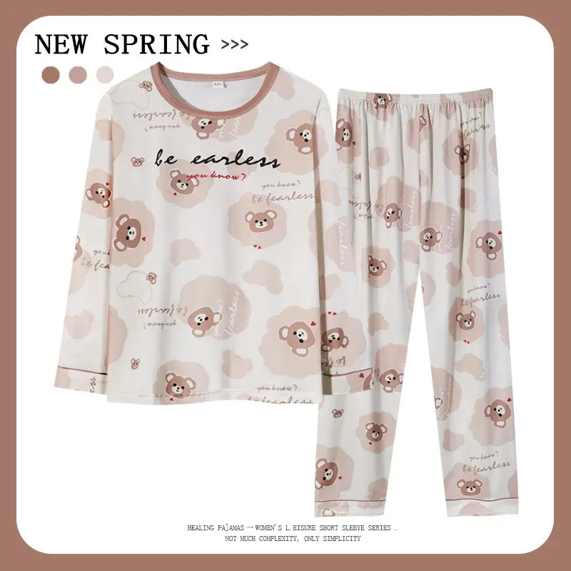 Autumn Ladies Japanese Style Cotton Long-Sleeved Pyjamas Two-Piece Set of Cute Bear Printing Can Be Outside the Homewear Trouser