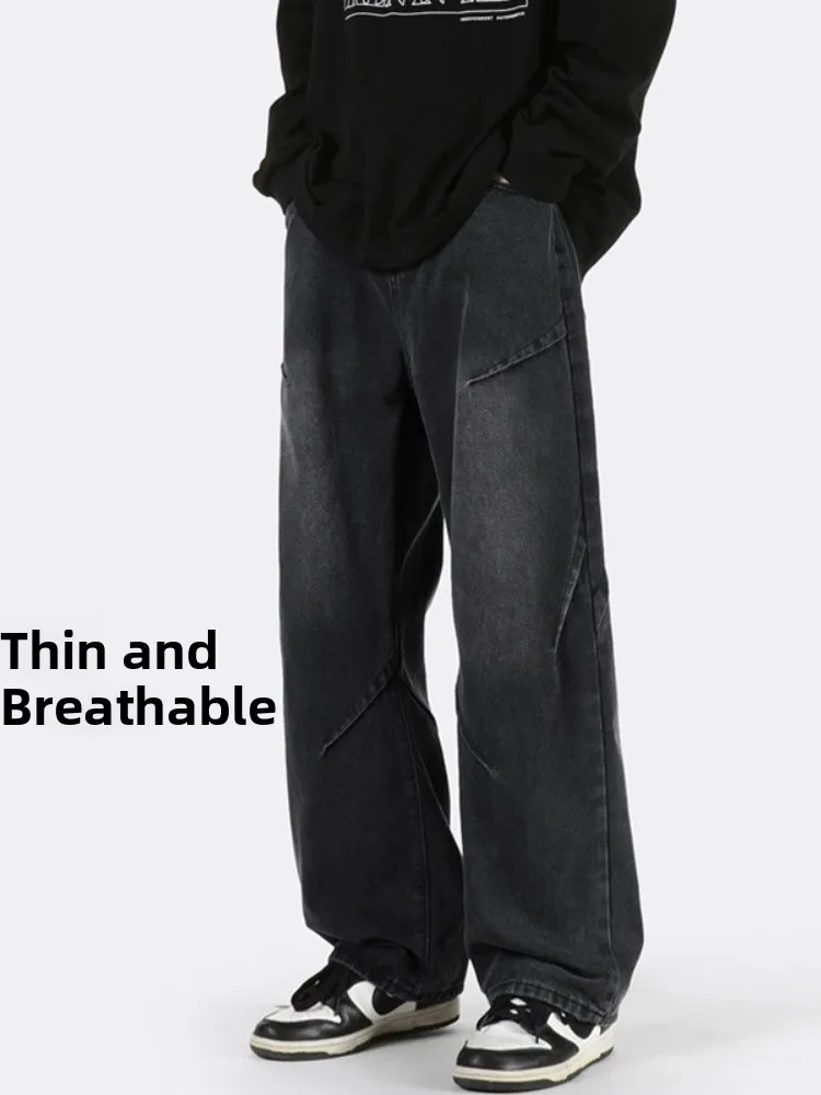 

Men's Autumn Thin Wide Leg Jeans Loose Fit Pleated Design American Retro Waed Straight Leg Long Trousers Youth Faion
