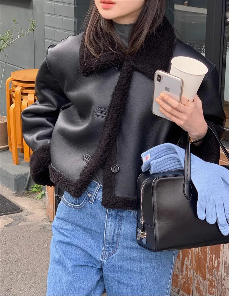 Korean Chic Fall Winter Black Apricot Short Coat Double-sided Long Sleeve Padded Thick Jacket Splicing Faux Leather Fur Outwear