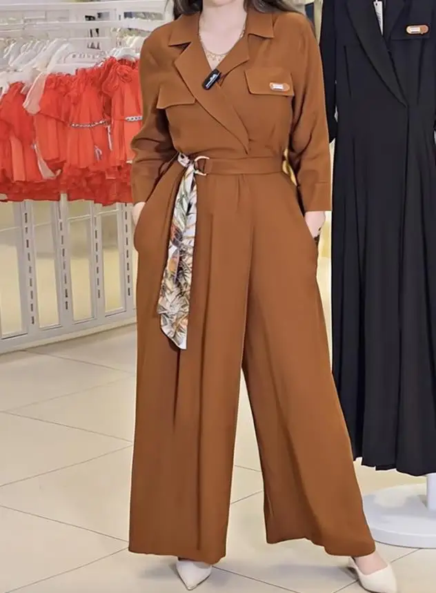 Tuta da donna casual asimmetrica Cinch Temperamento Estate Nuova donna Moda Colletto rovesciato Legato Dettaglio Pagliaccetti a maniche lunghe