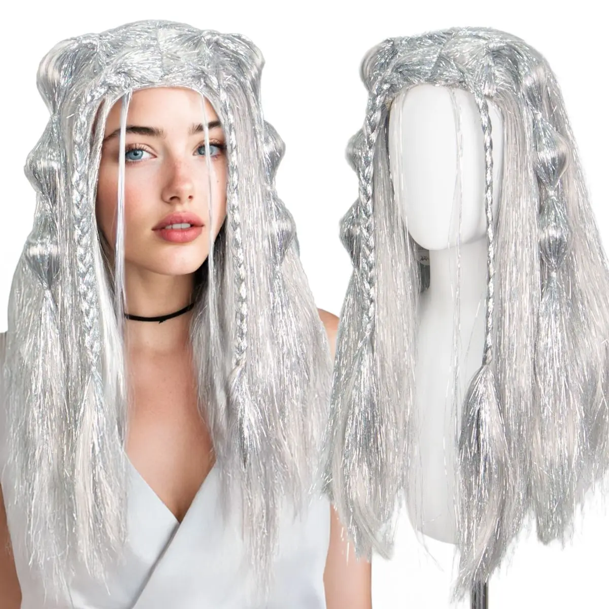 Silver Glitter Synthetic Wig with Braids & Bubble Ponytails, Shimmery Tinsel Hair for Cosplay, Halloween and Themed Party