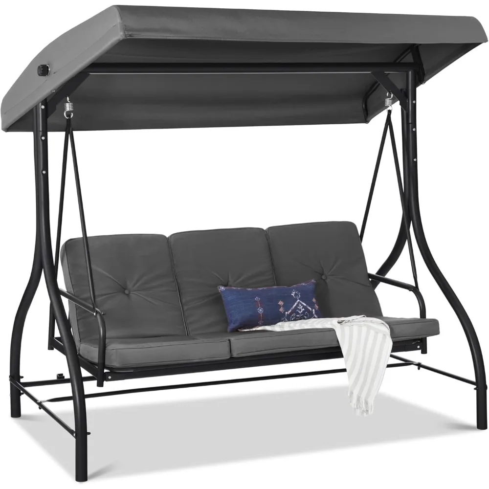 

3-Seat Outdoor Large Converting Canopy Swing Glider, Patio Hammock Lounge Chair for Porch, Backyard w/Flatbed