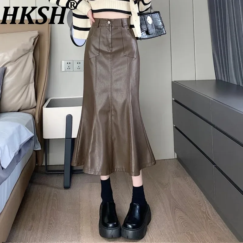 

Женская юбка-русалка HKSH из искусственной кожи, однотонная, плиссированная, облегающая, элегантная, в стиле панк, винтажная, шикарная, новая коллекция весна-лето HK10212