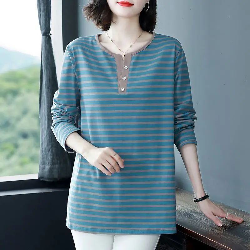 Women Korean Fashion Striped Print Patchwork Long Sleeve T-shirt 2024 Autumn Casual V Neck Loose Comfortable Basic Tops Female