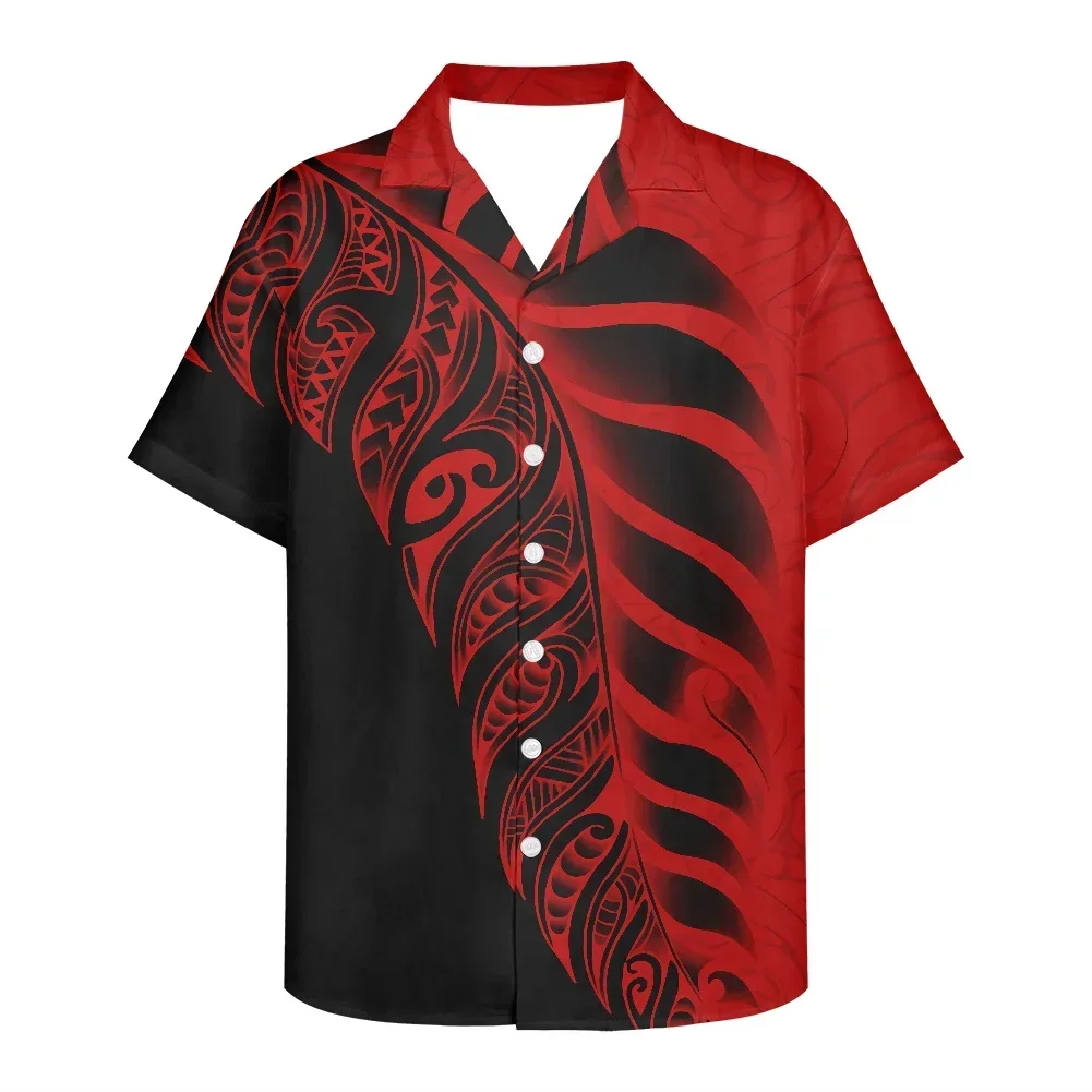 Fashion Men's Business Polynesian Shirt Casual Short Sleeve New Lapel Tribal Tattoo Button Slim Fit Tops