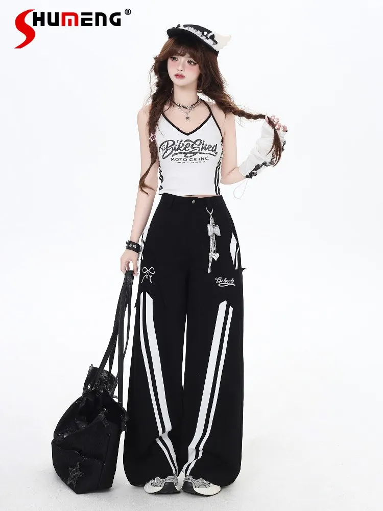 

American Retro High Street Sweet Cool Y2K Baggy Pants Stripe Bow Print High Waist Loose Casual Wide-leg Sweatpants Women Spring