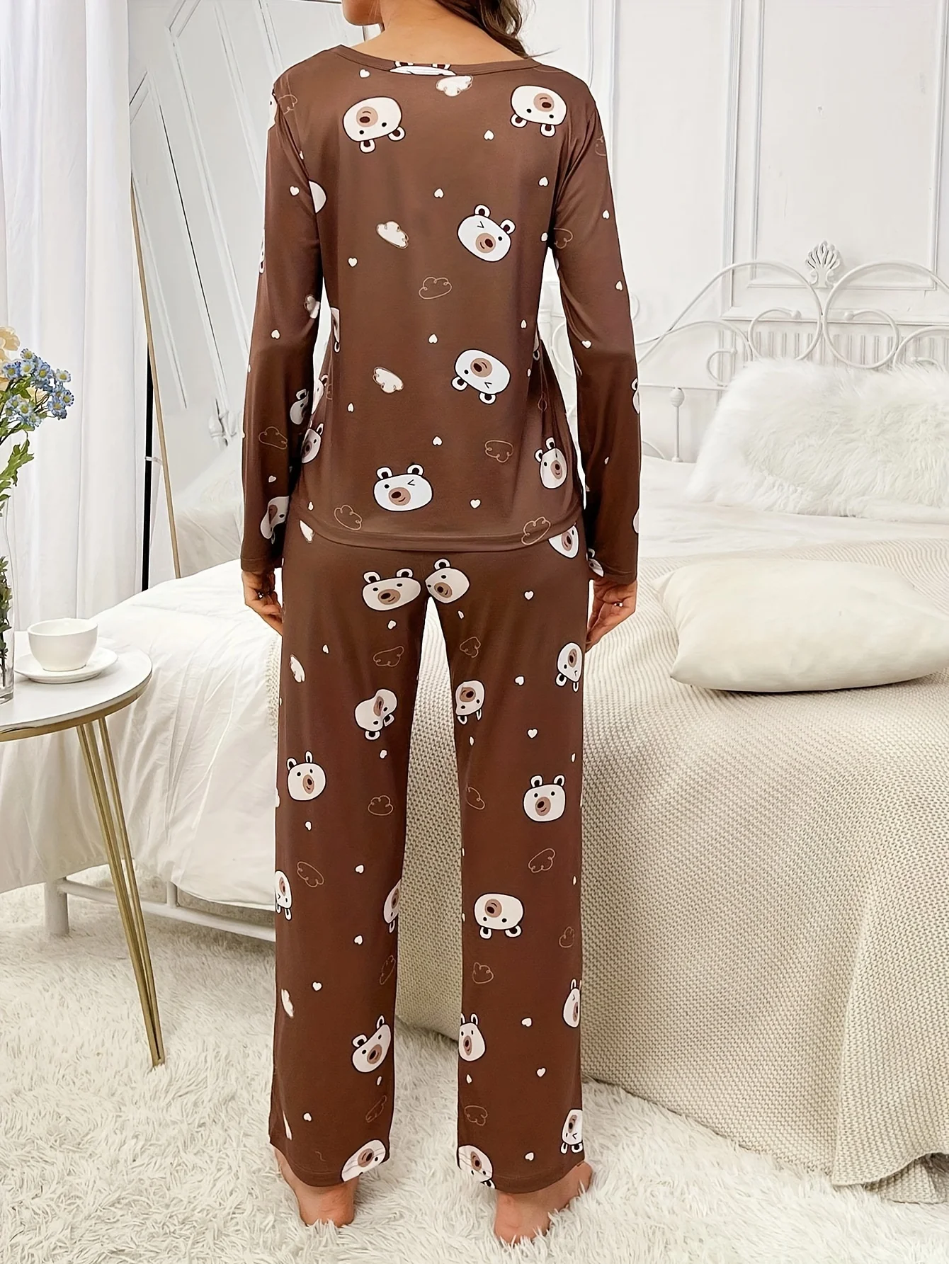 Printed pajamas set Casual long sleeve crew neck top and stretch pants Autumn and winter women\'s pajamas