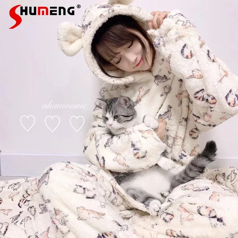 

Thickened Cute Bear Ear Couple Pajama Set for Women Japanese Style Sweet Plush Sleep Suits Female Cartoon Print Loungewear