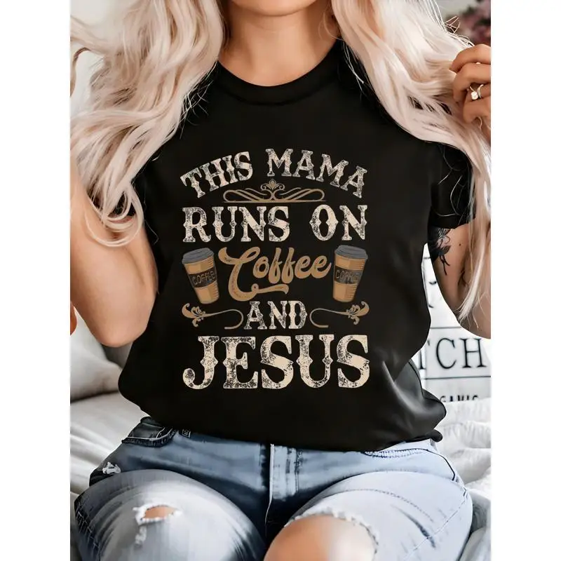 

Christian T-Shirt for Women, This Mama Runs on Coffee and Jesus, Funny Faith Graphic Tee, Casual Short Sleeve Top, Gift for Mom