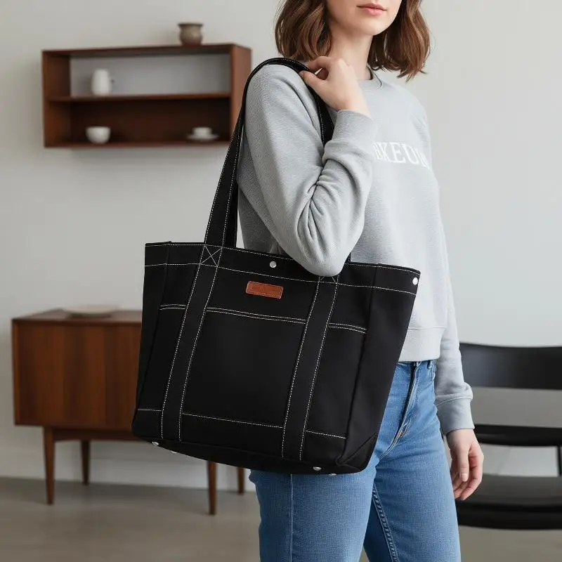 

1 шт. холщовая сумка с декоративной строчкой, вместительная женская сумка через плечо премиум-класса, сумка-тоут