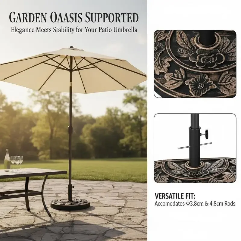 

9kg Resin Parasol Base, Half Round Umbrella Stand with Floral Design for Garden, Outdoor, Suitable Umbrella Rod: Φ3.8cm, Φ4.8cm, Bronze Tone
