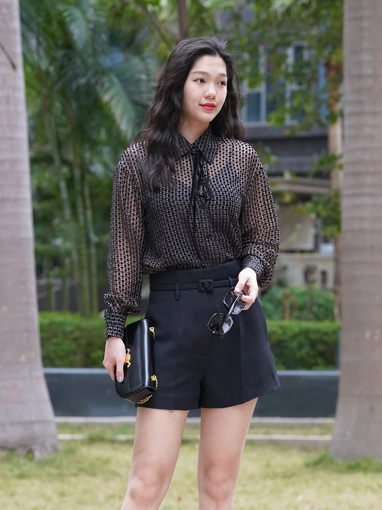 

Tangmi Home Retro Bla Polka Dot irt Women's Ele Tie irt Spring Faion High End Sensation Collar Button up