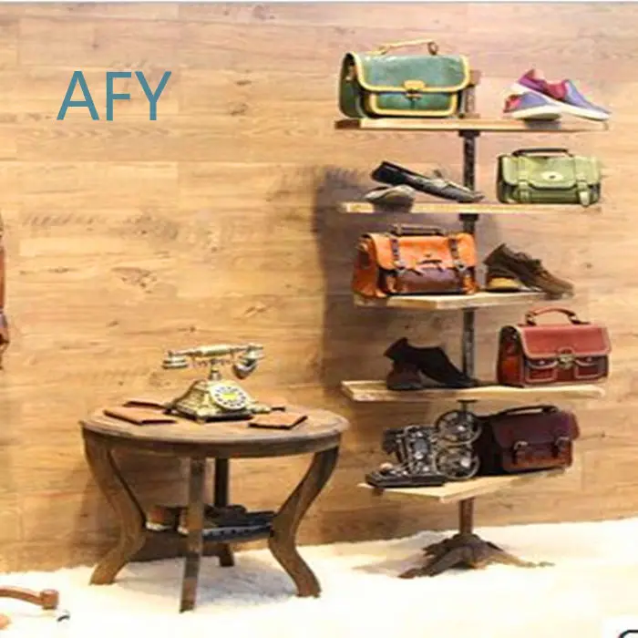 Solid Wood Vintage Iron Clothing Display Rack for Clothing Store Retail Shop for Shoes Bags Hats Accessories Floor Standing