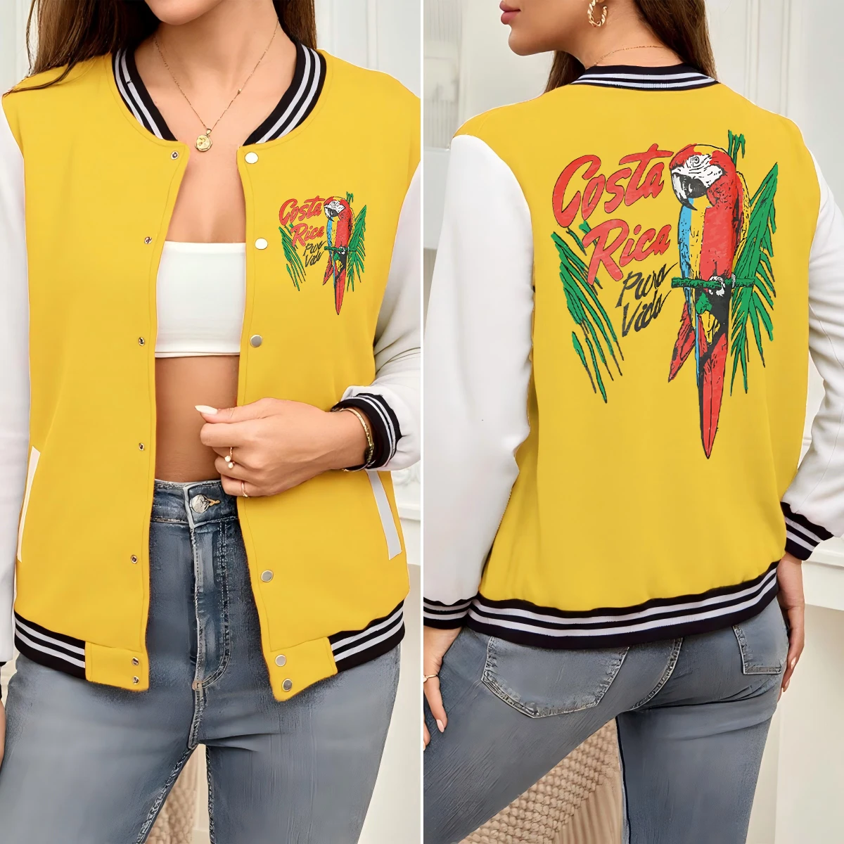 

Costa Rico Parrot Bird Printed Baseball Uniform Woman Colorful Pocket Clothing Soft Loose Jacket Autumn Cotton Sportswear