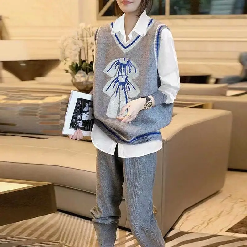 Casual Little Bear Bow V-Neck Sweater Vest Stylish Polo-Neck Chiffon All-match Patchwork Autumn Winter Korean Knitted Jumpers