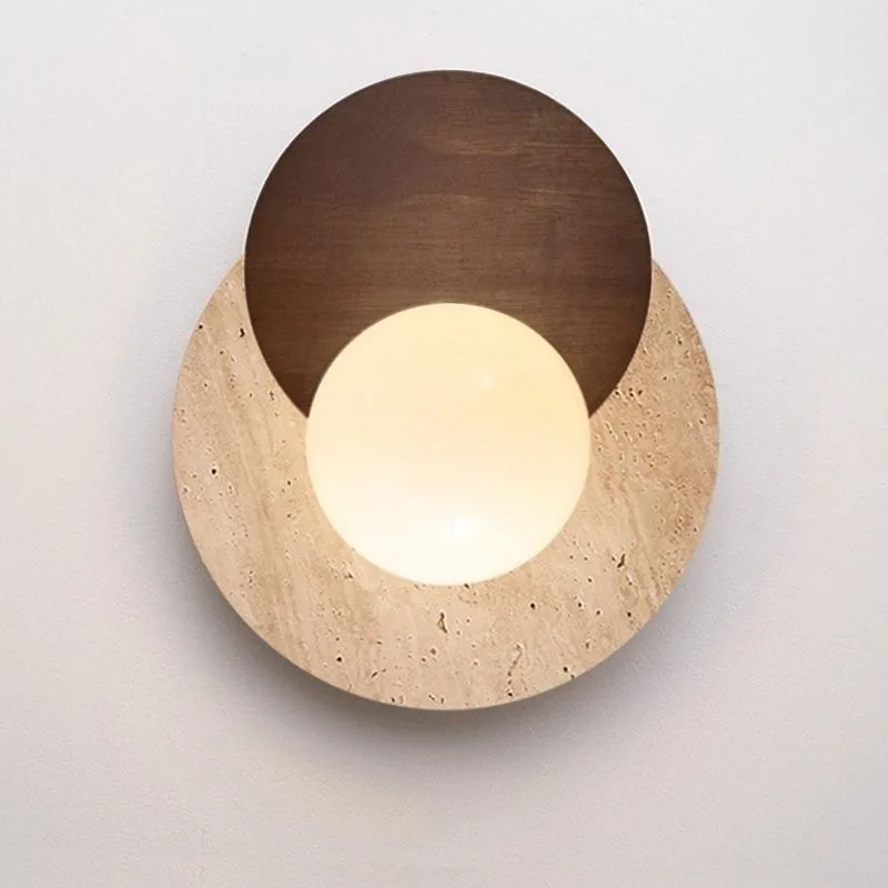 Luma Wabi-Sabi Yellow Travertine Stone Wood Round Wall Lamps for Dining Room Hallway Aisle Bedroom Bedside Background Stair