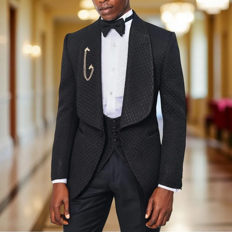 

Black Plaid Men Wedding Suits for Prom Shawl Lapel 3 Pieces Groom Tuxedo Custom Made Male Fashion Evening Party Suit