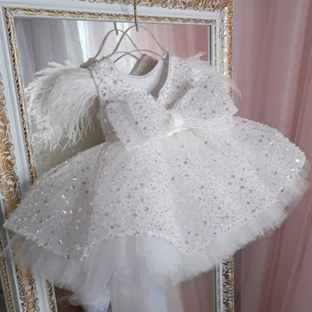 Abito da sposa per ragazza di fiori carino con piume di paillettes con fiocco Abito da principessa gonfio per festa di compleanno per bambini, abito da comunione personalizzato
