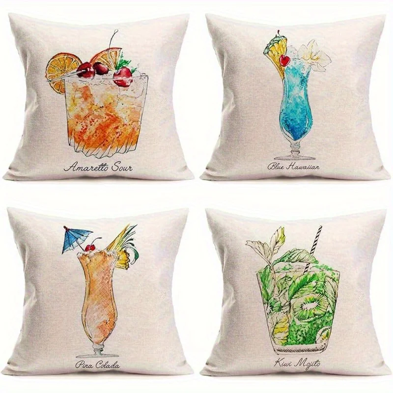 4pcs Painted cocktail theme digital printing pillow cover Short plush Suitable living rooms bedrooms sofas throw cushion cover