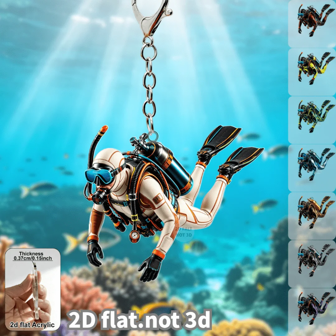 2D Scuba Diver Keychain Underwater Explorer Pendant Flat Acrylic Charm Gift For Diver Souvenir Hobby Lover Backpack Decoration