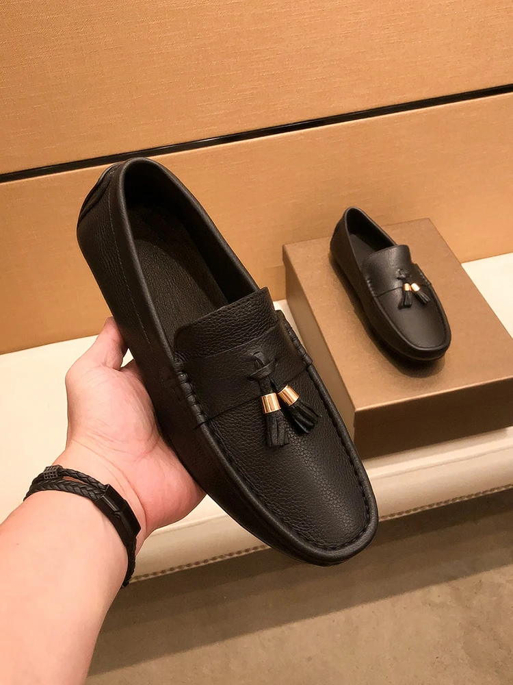 

Solid Round Head Leather Flats Tassel Soft Sole Loafers Men Casual Shoes Fall Fashion Dress Zapatos De Hombre