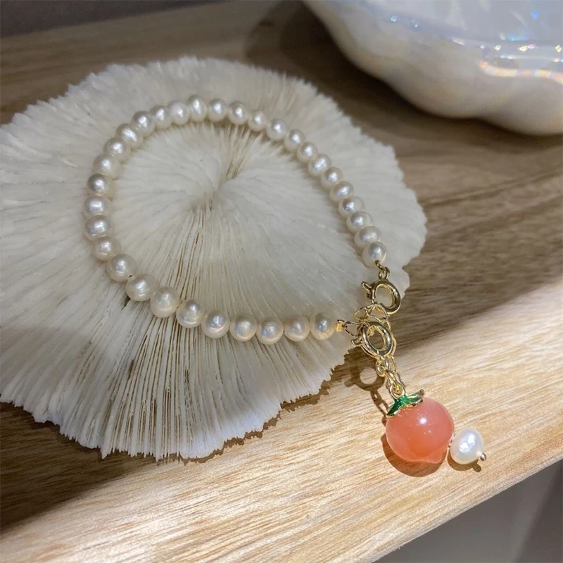 1pc Trendy Peach Charm Natural Freshwater Pearl Ladies Bracelet Ins Style Sweet Fresh Fashion Hand Jewelry Accessories